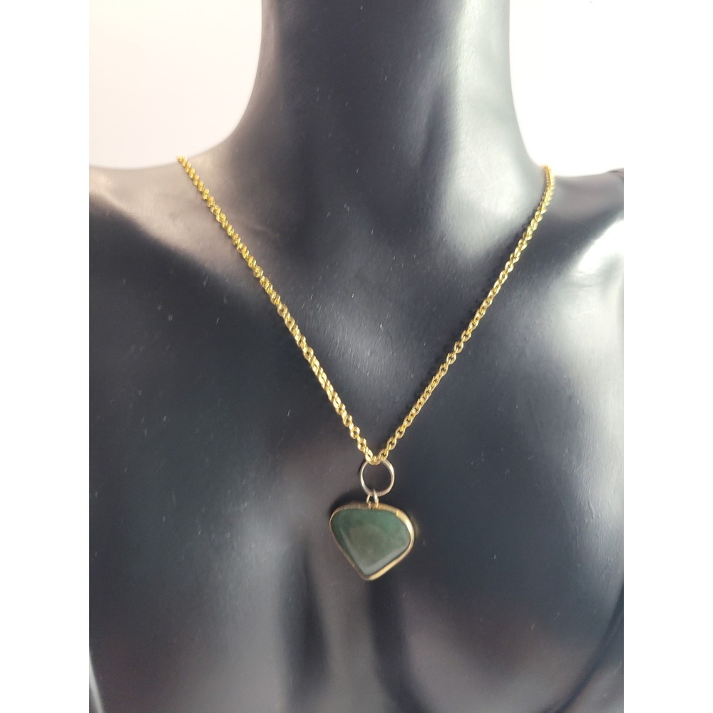 Gold Tone Green Heart Pendant Necklace Double Chain Costume Jewelry